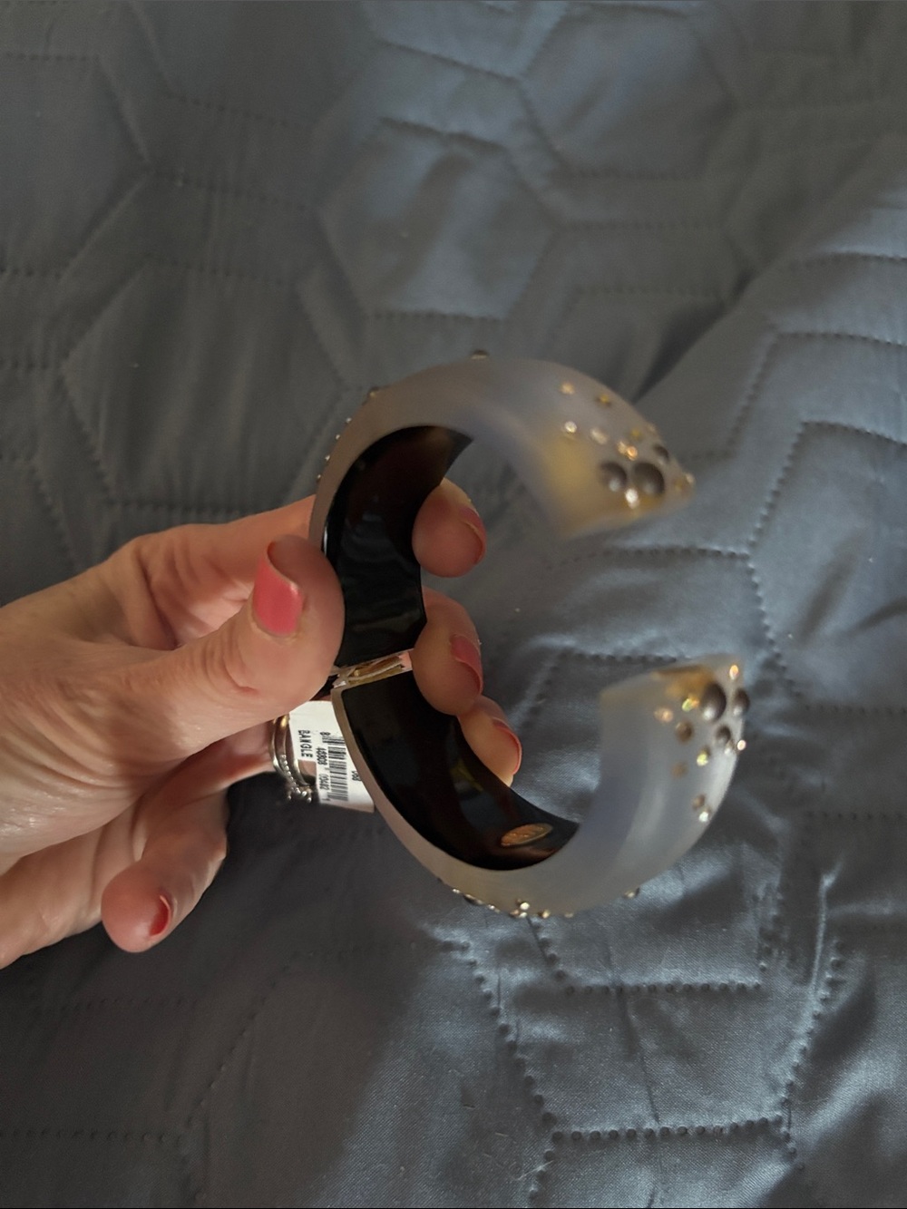 NEW with Tags Alexis Bittar Grey Lucite and Crystal Hinged Bangle. - Picture 7 of 16